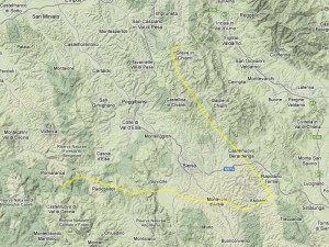 Mappa di parte della traiettoria di StratoSpera 4 (il punto di lancio è in alto, presso Greve in Chianti). Mappa di parte della traiettoria di StratoSpera 4 (il punto di lancio è in alto, presso Greve in Chianti).
